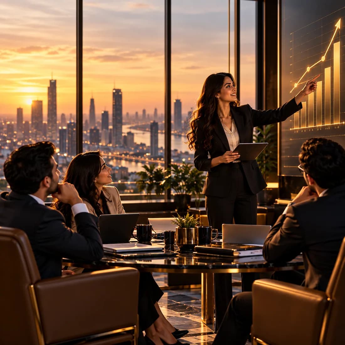 Team reviewing a presentation in a city-view office at sunset